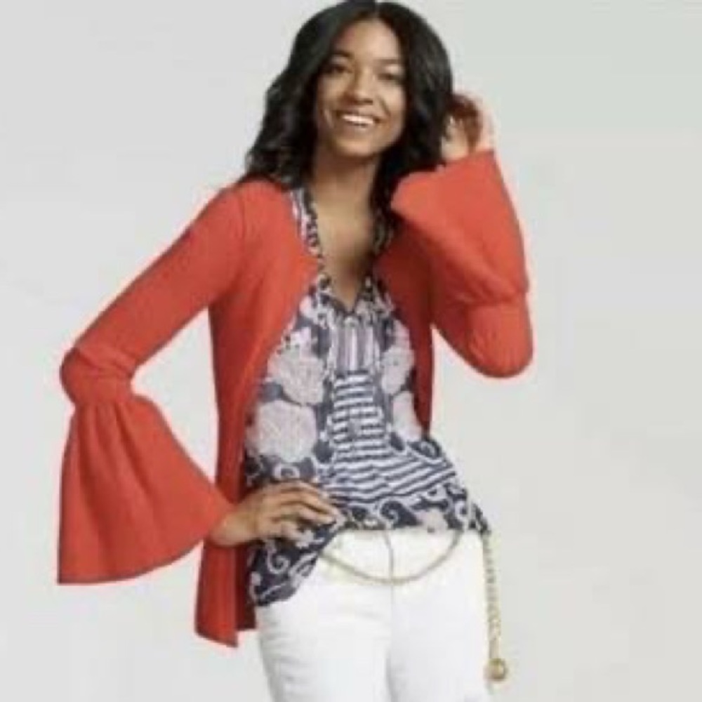 cAbi Blue White Sheer Ruffle Stripe Paisley Tank